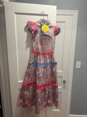 Floral Tiered Dress in Pink with Blue Trim